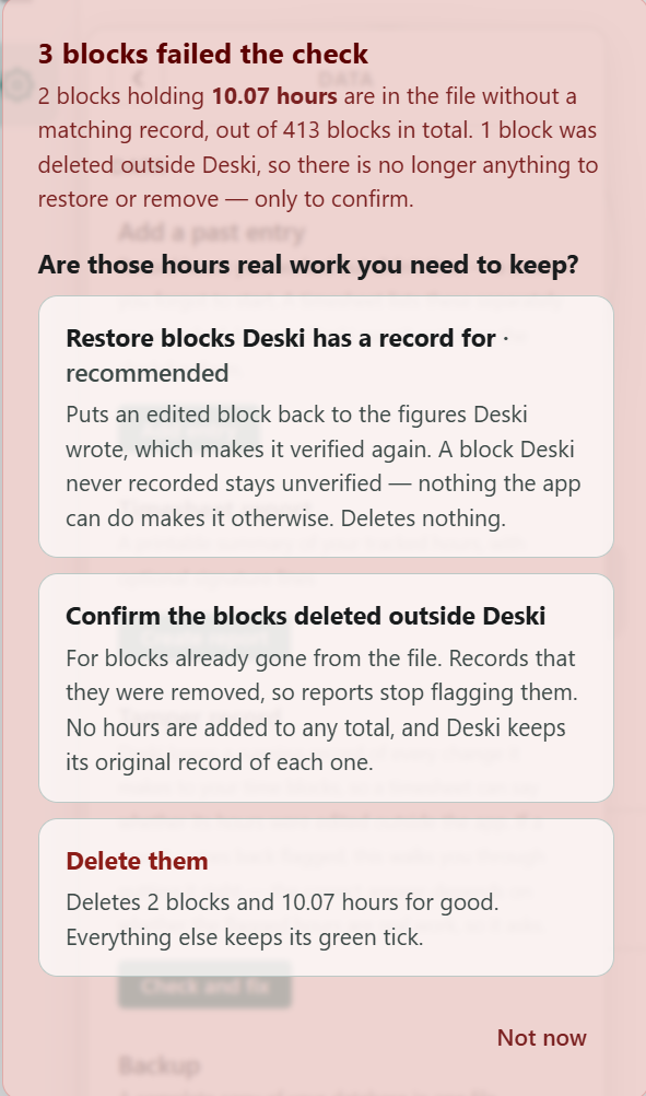 Deski's Check and fix dialog: a heading reading 3 blocks failed the check, the question Are those hours real work you need to keep, and three options - restore, confirm the blocks deleted outside Deski, and delete them