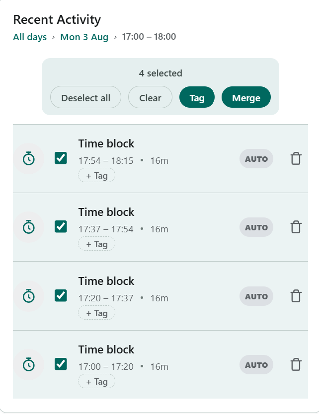 Deski's Recent Activity list with four time blocks selected and a toolbar offering Deselect all, Clear, Tag, Rename and Merge