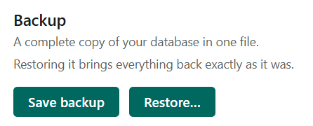 The Backup row in Deski's Data settings, with Save backup and Restore buttons