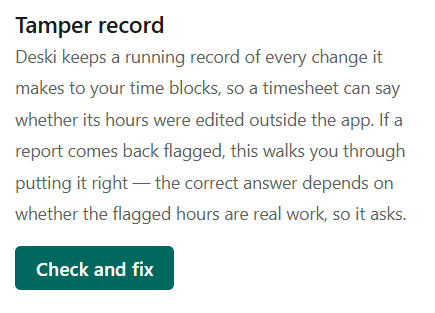 The Tamper record row in Deski's Data settings, with a Check and fix button