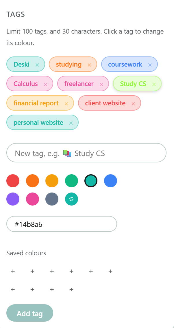 Deski's Tags settings page listing nine coloured tags, a new-tag field, a colour palette with a hex box and a row of saved-colour slots