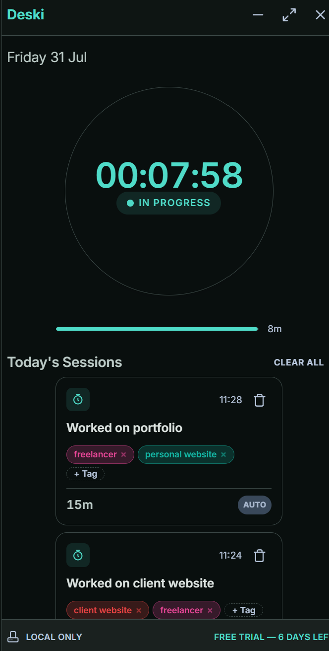 Deski's Timer screen in a dark theme with a session in progress and today's time blocks