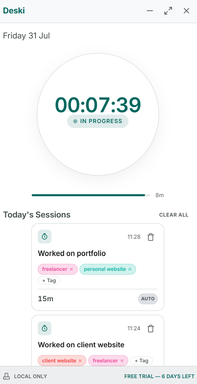 Deski's Timer screen in a light theme with a session in progress and today's tagged sessions