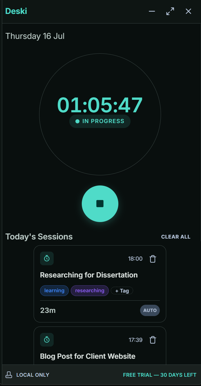 Deski's Timer screen in a dark theme with a session in progress and today's time blocks