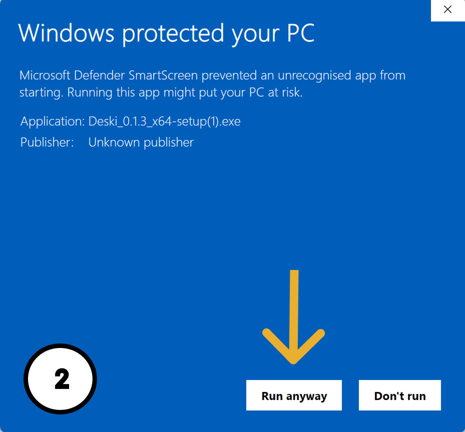 Windows SmartScreen step 2: click Run anyway